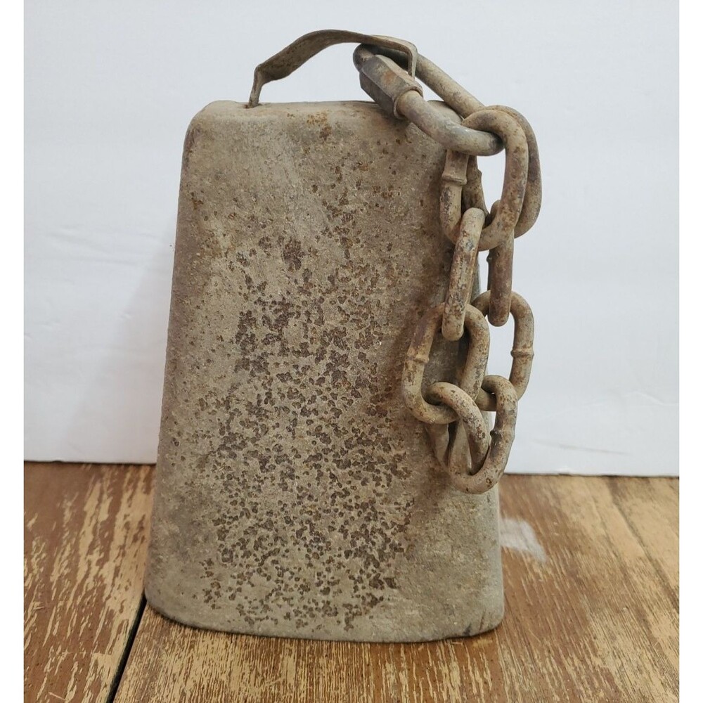 Vintage Primitive Livestock Cow Bell, Heavy Metal Chain Patina, Farmhouse Decor